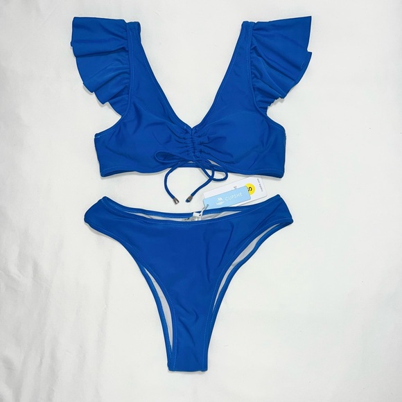 Cupshe Ruffle Sleeve Ruched Bikini Royal Blue Tie-Detailed Padded Size Small NWT - Picture 1 of 12